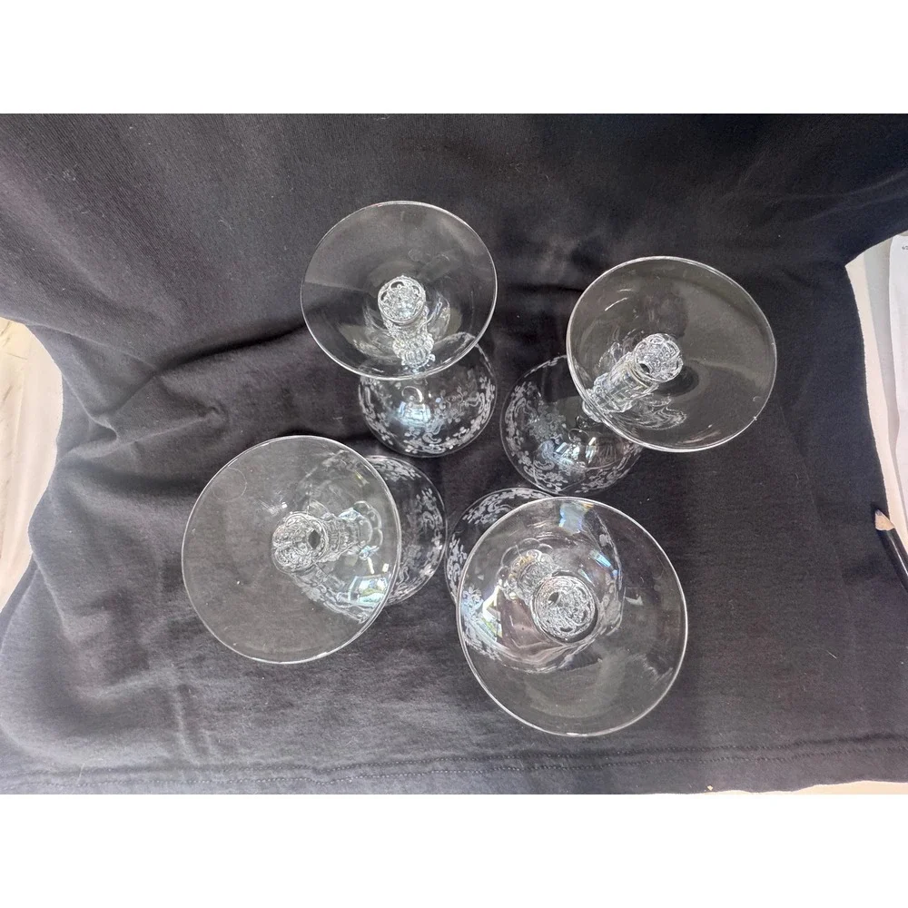 Vintage Etched Crystal Champagne Coupes Set of 4 Floral Scroll Cocktail Glasses